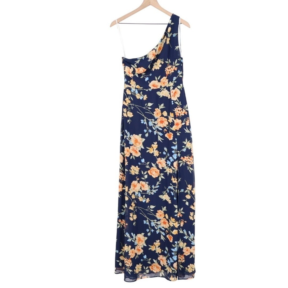 Lulus Elegant Admiration One Shoulder Maxi Dress Womens Medium Navy Blue Floral - Picture 2 of 9